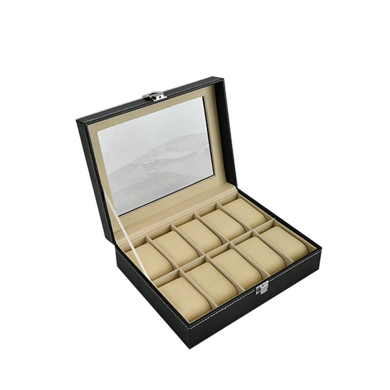 Display window large capacity 10 slots black luxury PU leather gift watch box for men's watch storage and packaging case