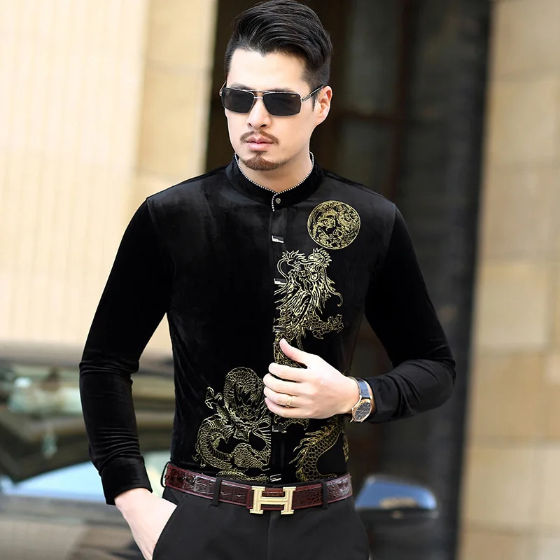 

Hot sale fashionable casual style loose man polo neck velvet long sleeve middle age old man print blouse shirt