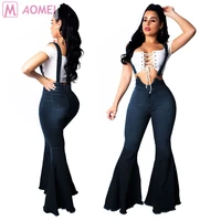 

S5054 wholesale woman streetwear navy blue washed lady high waist jeans flared overall jumpsuit