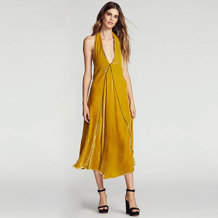 

Modern Deep V-neck Backless&Sleeveless Pure Color Woman Dress, Yellow