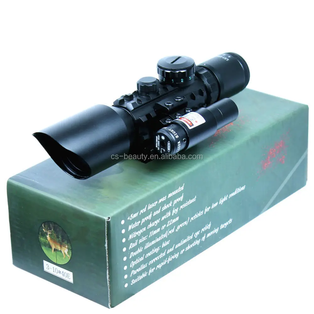 

3-10x40 Tactical Rifle Scope Red Laser Dual illuminated Mil-dot w/ Rail Mounts Combo Airsoft Weapon Sight Hunting, Black