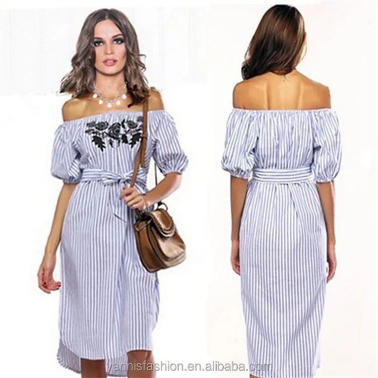 

Fashion one shoulder Blue striped women dress shirt Sexy side split half sleeve waistband OL girls beach embroidery dress, N/a