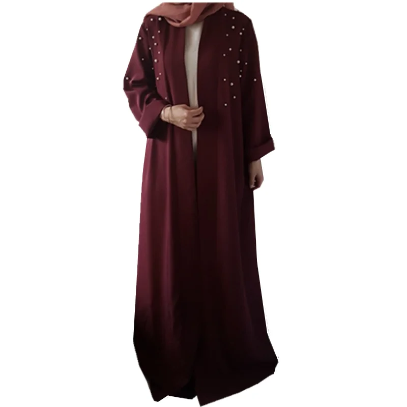 

Muslim women multi colors pearl black abaya cardigan fashion front open abaya, Black;wine red;army green;blue;light blue;pink