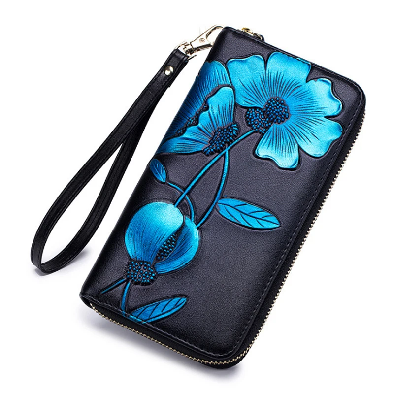 

RFID blocking new flower pattern hand painted zipper wallet men women clutch purse genuine leather cell phone bag wallet