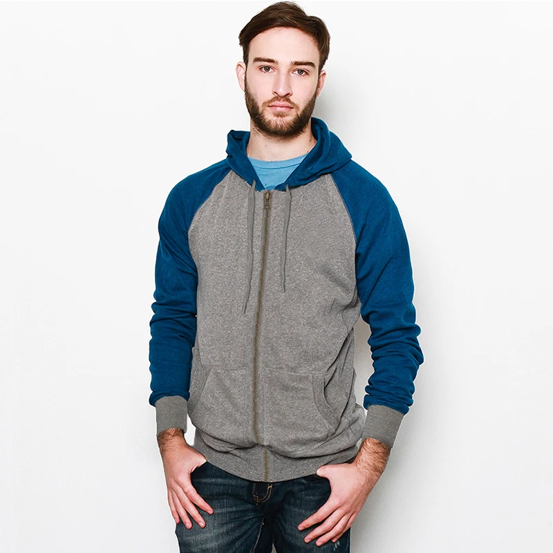 
high quality screenprinted two color zip french terry cotton sports gym black hoodies with different colored sleeves 