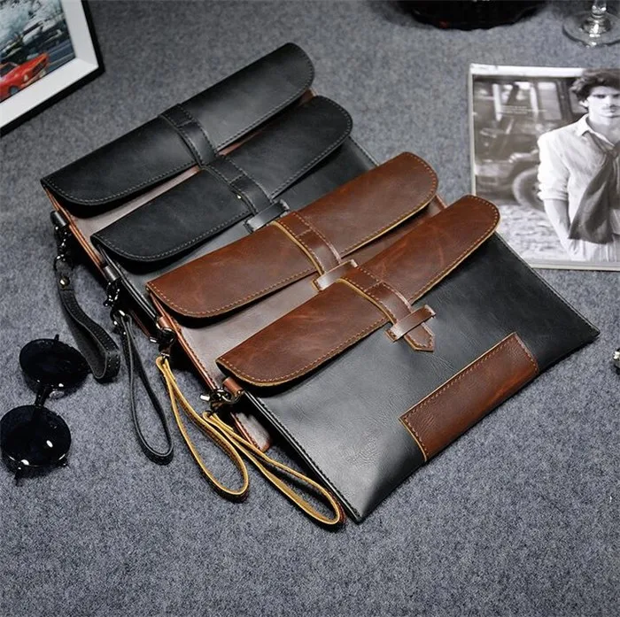 Fashion Men Clutch Bag PU Leather Bag Classic Black Large Capacity Envelope  Bag