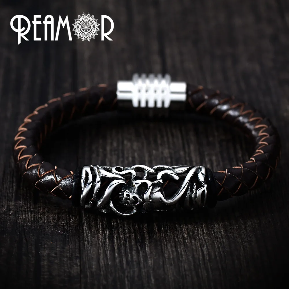 

REAMOR Men Genuine Leather Bracelets 316l Stainless steel Hollow Skull Totem Bead Bracelet Bangle Jewelry With Magnetic Clasps