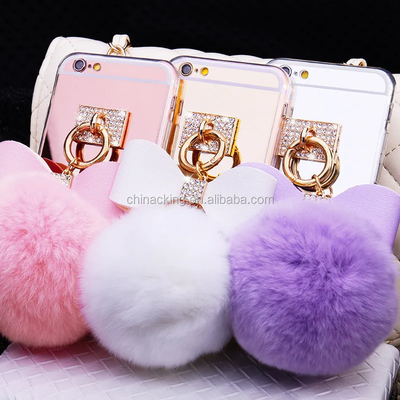 Cute Luxury Bowknot Metal Ring Mirror TPU Rabbit Fur Ball Phone Case For iPhone X XR XS Max 7 7 Plus 6S 6 Plus 5 5S Cover