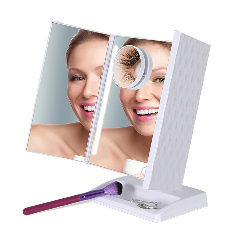 

Cosmetic trifold mirror in led makeup mirror with led large lights, White&black&customized