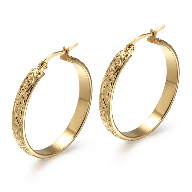 

SJEH137 Free Shipping Titanium Steel Delicate Antique Filigree Pattern Goldtone Noble Big Yellow Gold Regal Hoop Earrings, As the picture