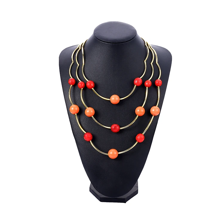 

Youthway trending red acrylic bridal chunky necklace gold plated 3 layer beaded necklaces fashion multi layered necklace, Orange green
