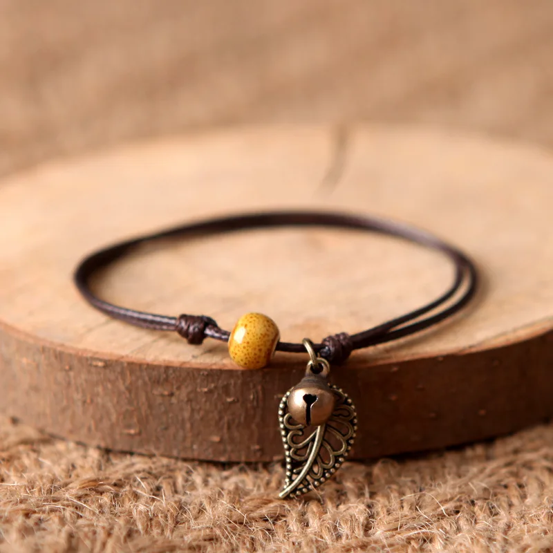 

Handmade Rope Bracelet Adjustable Length Bracelet With Metal Leaf Charm For Women Jewelry Gifts