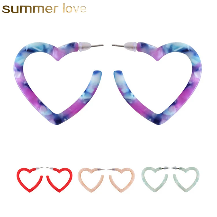 

Wholesale Hot Selling Heart Shape Colorful Acetic Acid Acrylic Resin Big Hoop Earrings Jewelry For Women Girls, Multi-color/red/pink/light blue