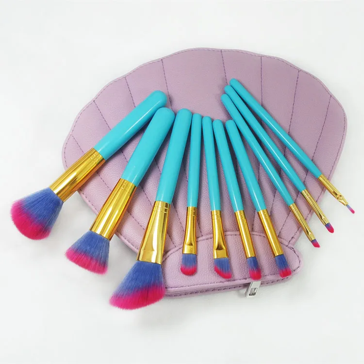 

2018 stock 10pcs nylon hair makeup brushes in a shell bag gift set, Customized color