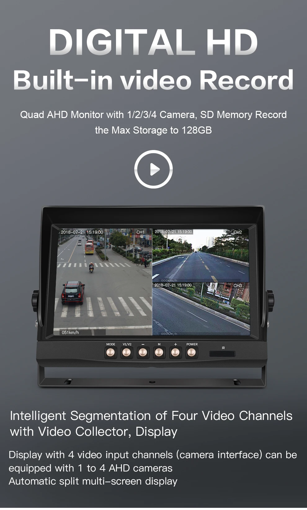 Split Screen Truck &Bus AHD Camera Recorders System with 9 Inch Monitor