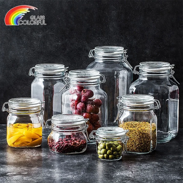 

Guaranteed Quality 500ml 1000ml storage jar airtight lead free sealed glass kitchen honey food storage glass jar with clip lid, Customized color