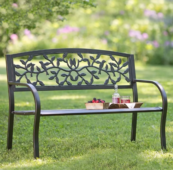 Powder Coated Black Patio Garden Park Outdoor Steel Bench With Cast ...