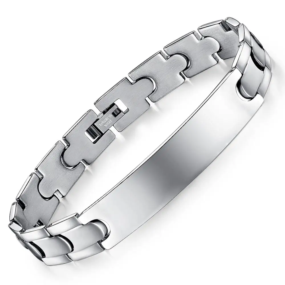 

Silver chain mens bracelet stainless steel wide men bracelet double chain ID bracelet