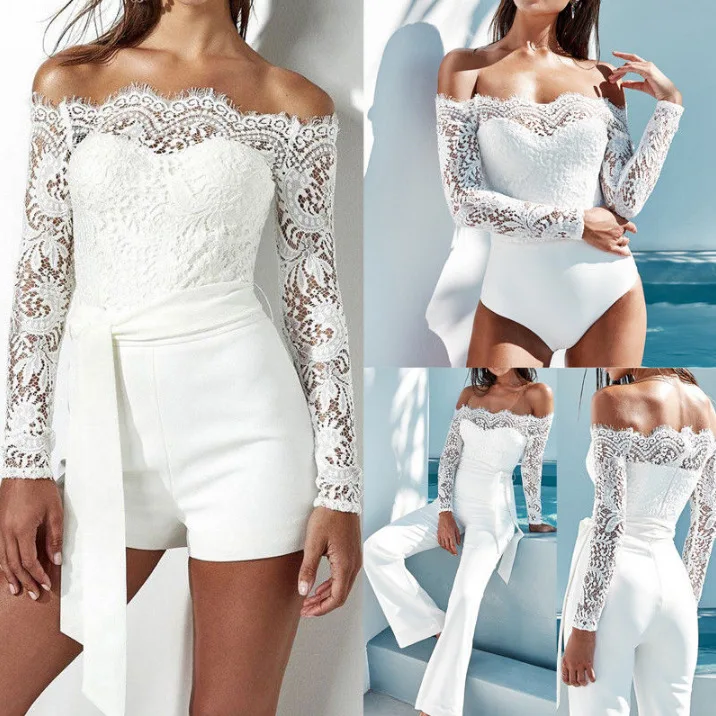 

2018 New factory wholesale off Sshoulder Lace jumpsuit Wide leg Fashion Party Bodysuit Playsuit, Red green blue wine