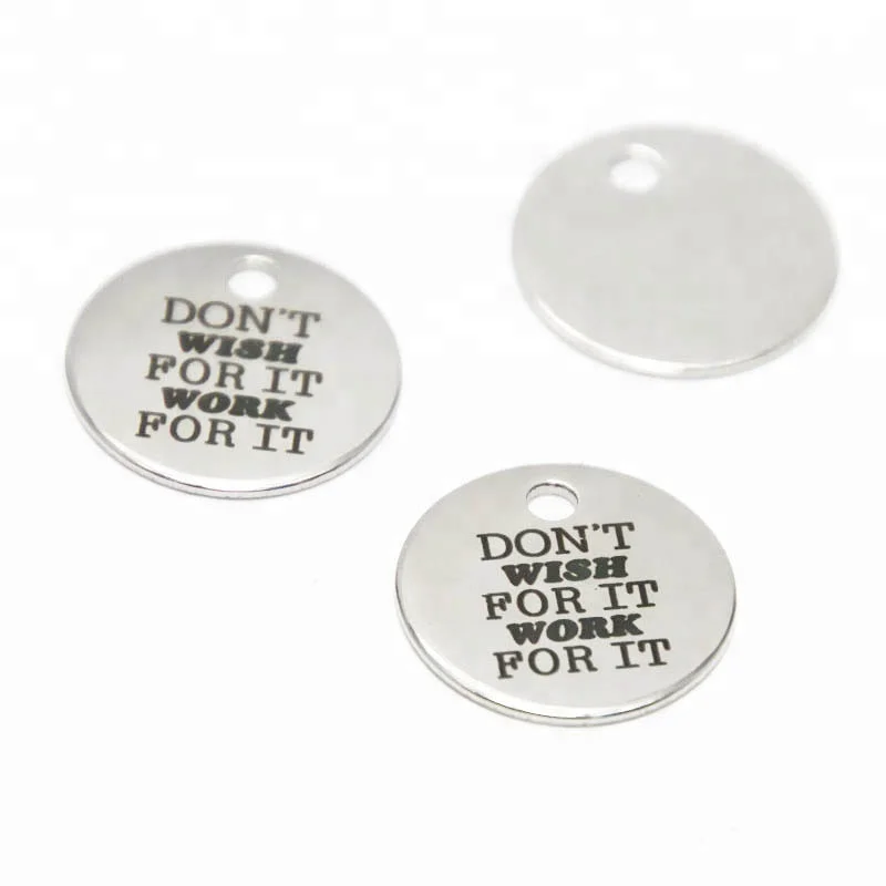 

Don't wish for it Work for it charm Fitness Motivational Inspirational Stainless steel disc message Charm pendant 20mm, Silver
