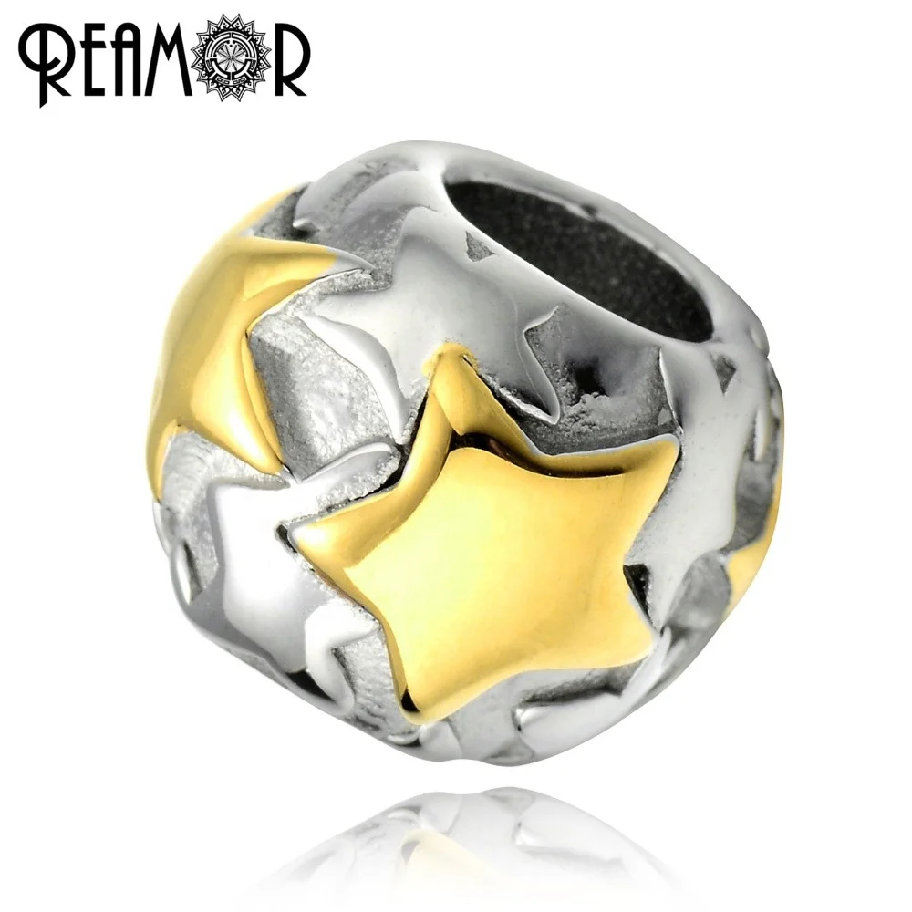 

REAMOR 316 Stainless Steel 18k Gold Plate Round Bead Star European Spacer Charms Beads For Bracelets DIY Jewelry Making Findings