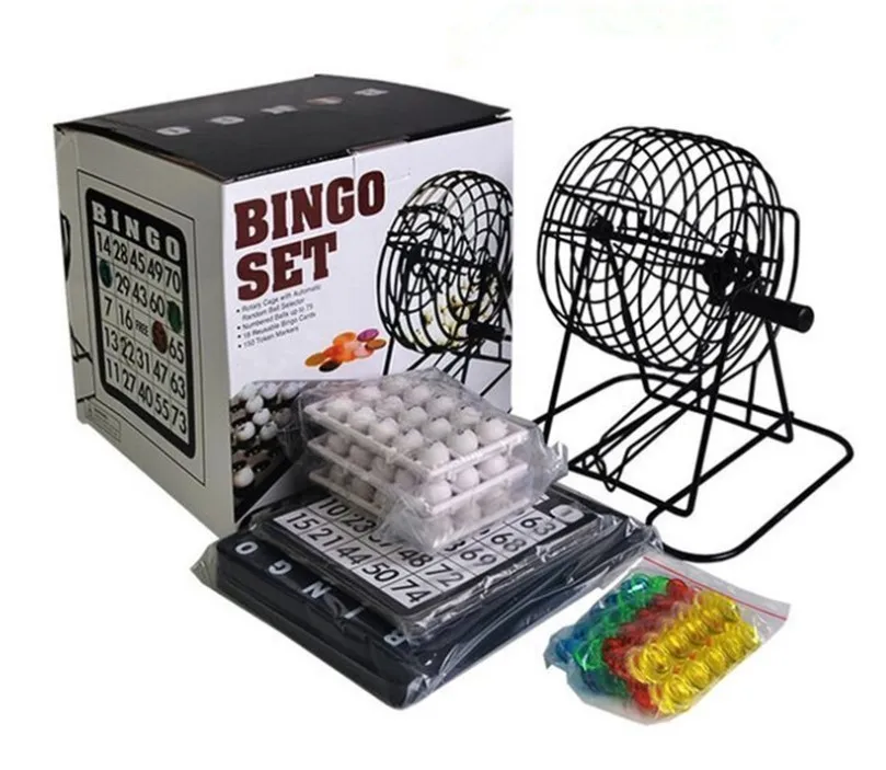 

Gaming Game Bingo Game Set - 8-Inch Metal Cage with Plastic Masterboard, 75 Multi-Color Bingo Balls, Bingo Cards and Bingo Chips, Black