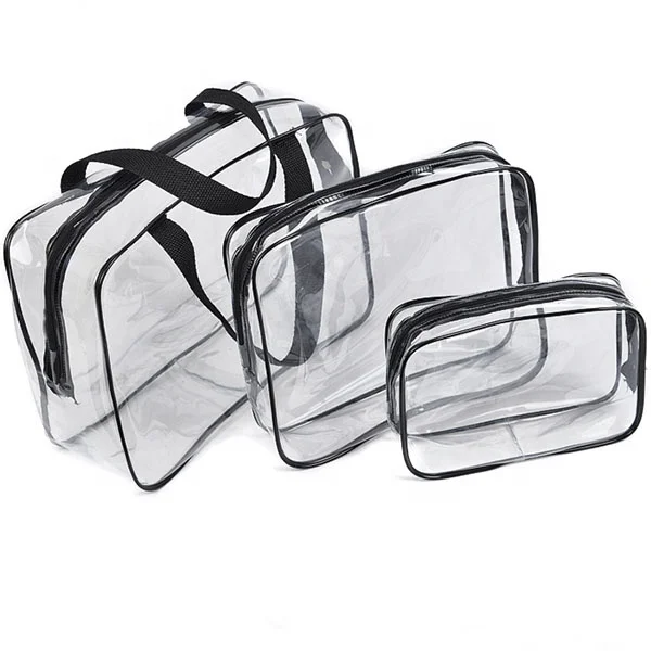 

JUNYUAN Transparent Waterproof Travelling Fashion Clear PVC 3 Sets Cosmetic Bag, Black,pink,brown,blue