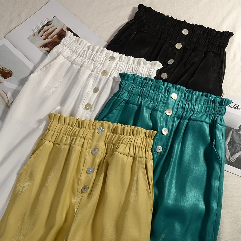 

B23493A Hot selling pearlescent shiny high-waist wide-legged pants