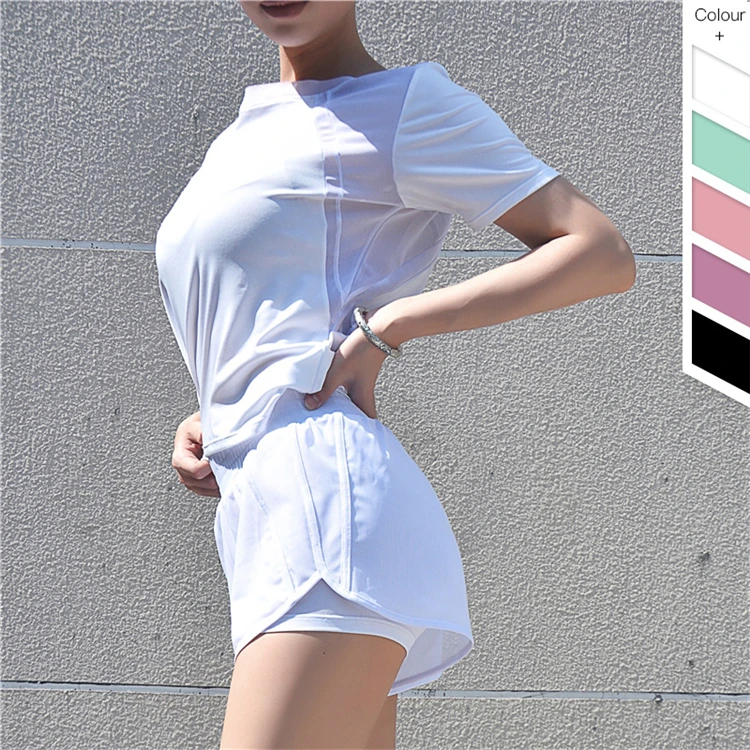 

2019 New Fashion Female Mesh Stitching Short-sleeved Fitness Yoga Clothing Loose Casual Sports Quick-drying T-shirt, More than 70 colors available