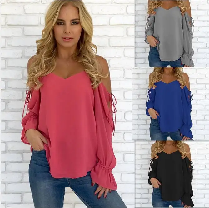 

2019 Women's Fashion Off Shoulder V-neck Long Sleeve Chiffon Blouse, As shown