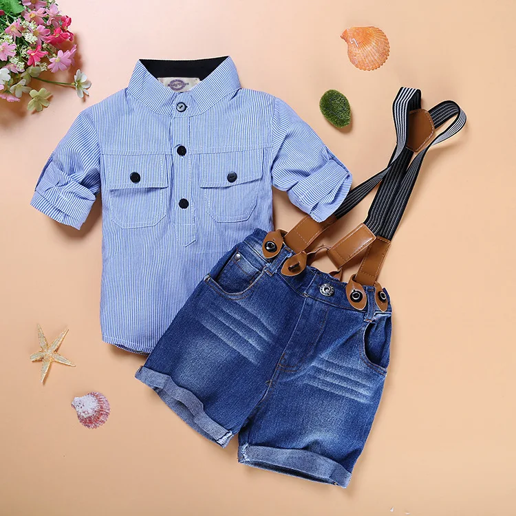 

Hot sell children clothing set boy sling strap casual costume shirt + jeans shorts kids clothes, As pictures