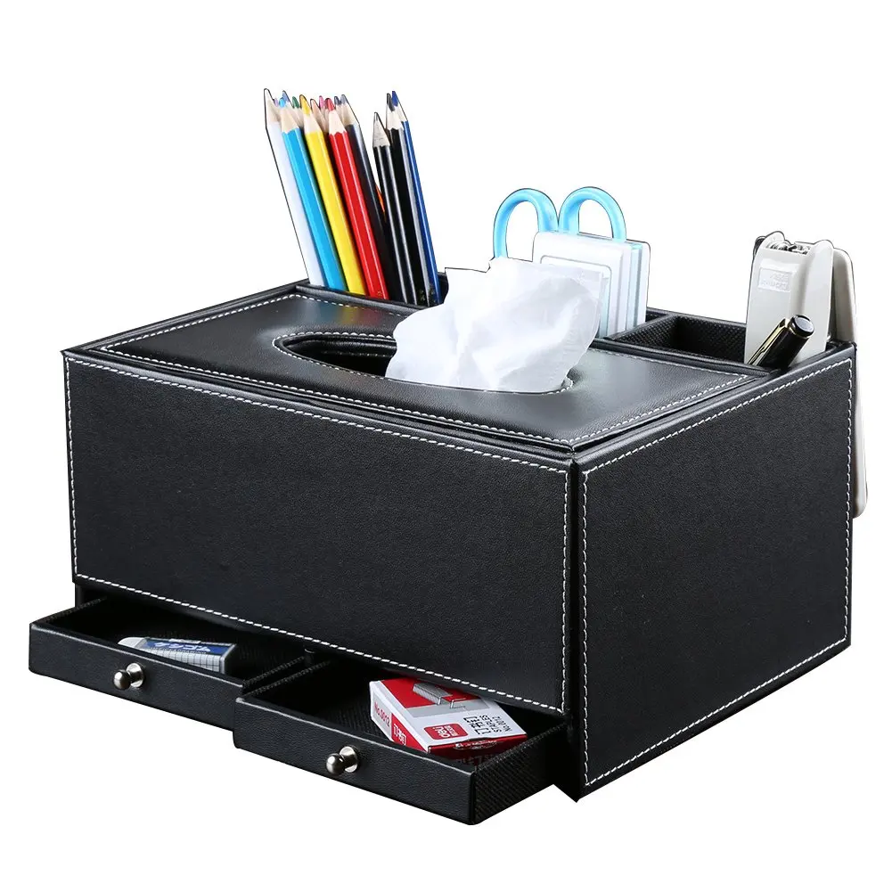 
Multi-function creative Leather office desk organizer tissue box desktop stationery storage box office supplies 