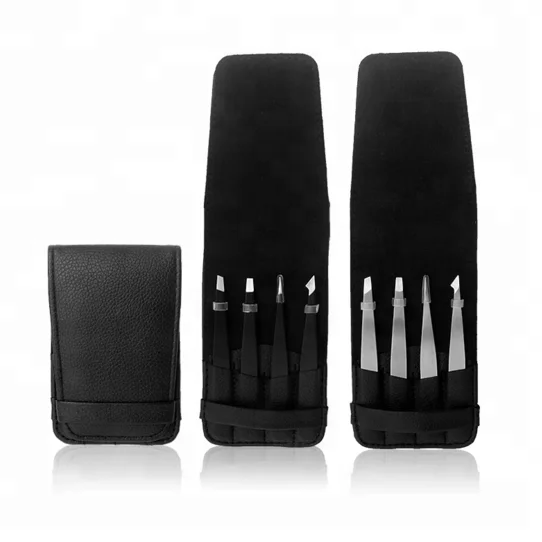 

Stainless Steel 4 pcs Black Eyebrow Tweezers Lash Sets With PU Pouch Brow Trimmer and Remover Kits