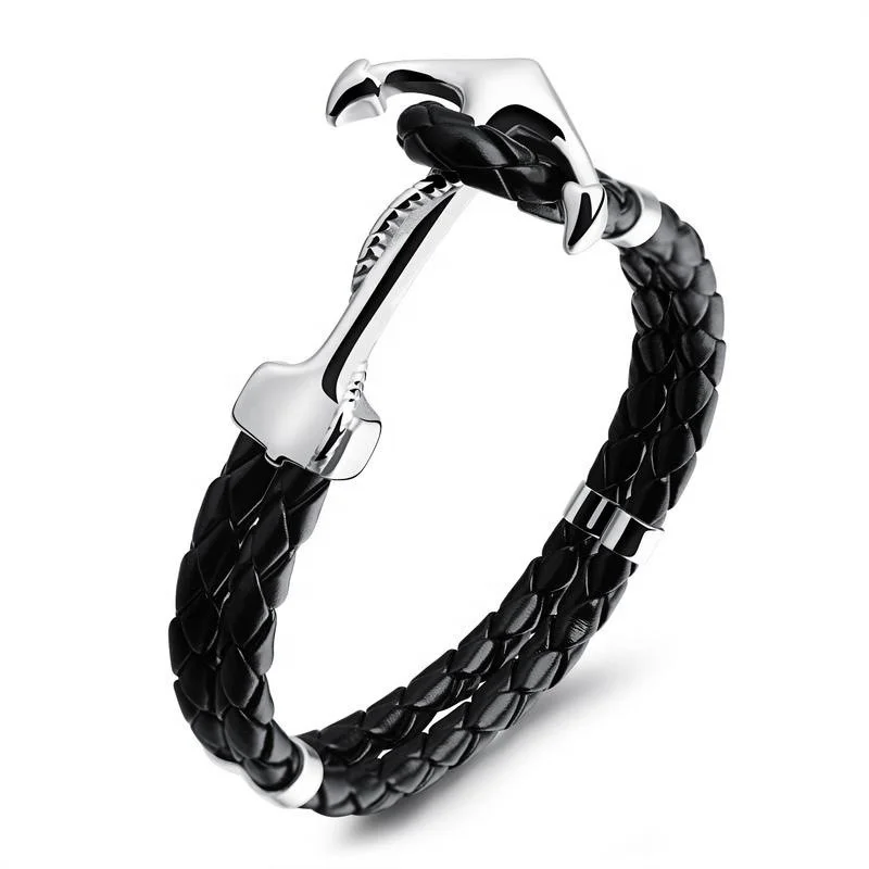 

Custom Logo Italian Leather Bracelet Stainless Steel Men Anchor Bracelet, Picture