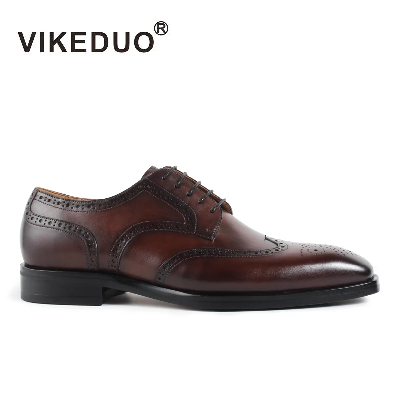

VIKEDUO Hand Made Custom Calfskin Brogues Wingtip Leather Vamp Derby Shoes Antique Brown Man Leather Fashion Man Shoe 2018, Dark brown