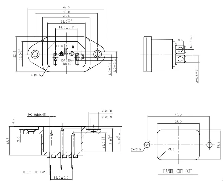 C14 3 Pins Ac Socket Industrial Plug Socket With Threaded Holes 10a 15a