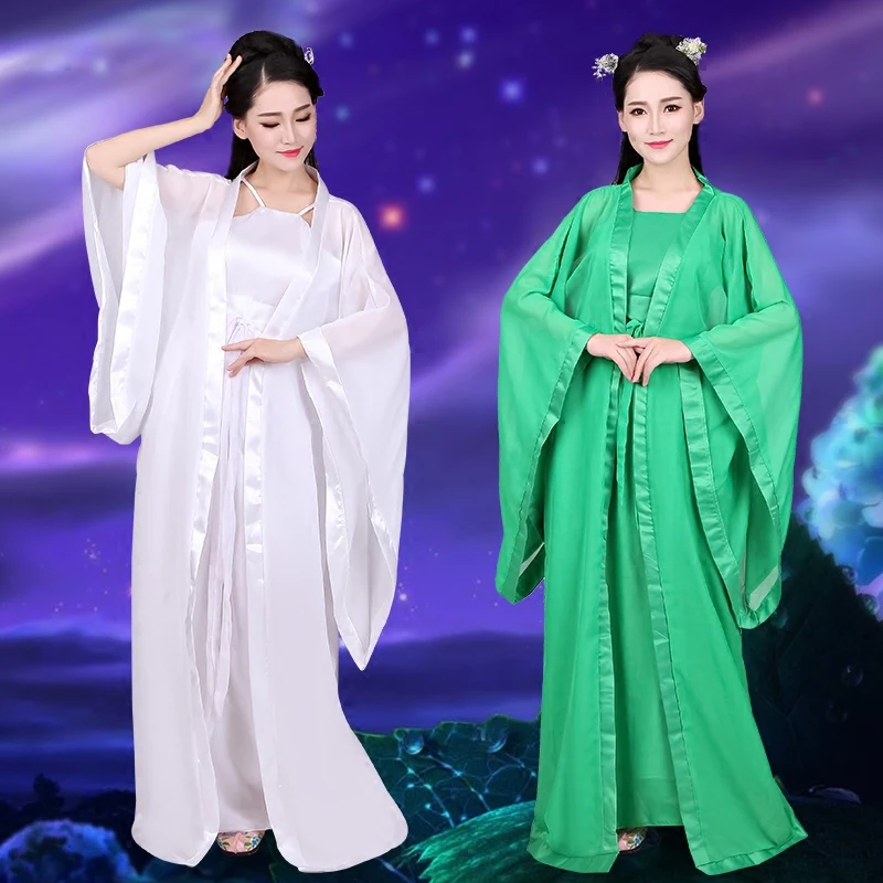 

Adule Women National Dress China Ancient Ethnic Dance Clothes Cosplay Long Sleeves Princess Portray Dancing Costume ZH12015, White;green