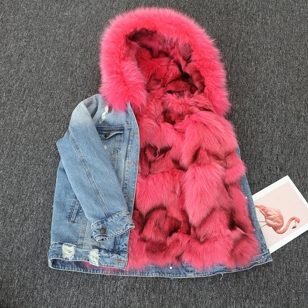 

Fashion Wholesale Real Jean Jacket Women Fur Lining Coat Denim Jacket, We can dyeing any color