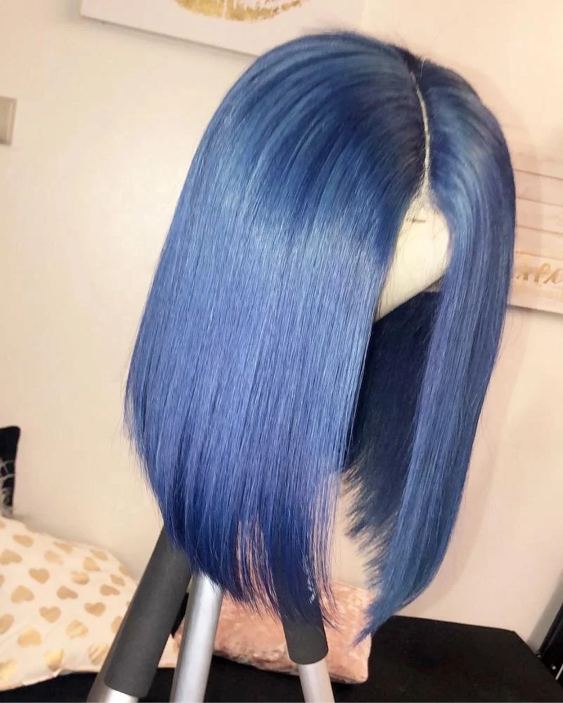 

bob wig 13x6 deep part front lace wig blue straight 8-14in 150%density human hair, N/a