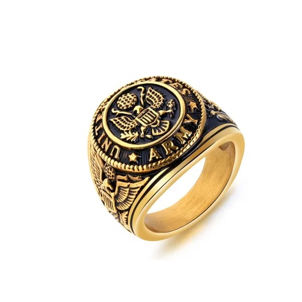 

Bomei Wholesale European and American 316L Titanium Steel Ring style , Vintage Eagle Round Signet Military Army Men's Ring