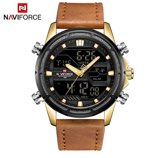 

NAVIFORCE NF9138 Men Digital Quartz Movement Watch Leather Band Sport Watch Luminous Week Display Date Month