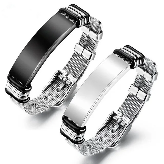 

Personalised Silica Gel Bracelet Stainless Steel Engraved Characters Belt Shaped Bangle For Men, Black&silver