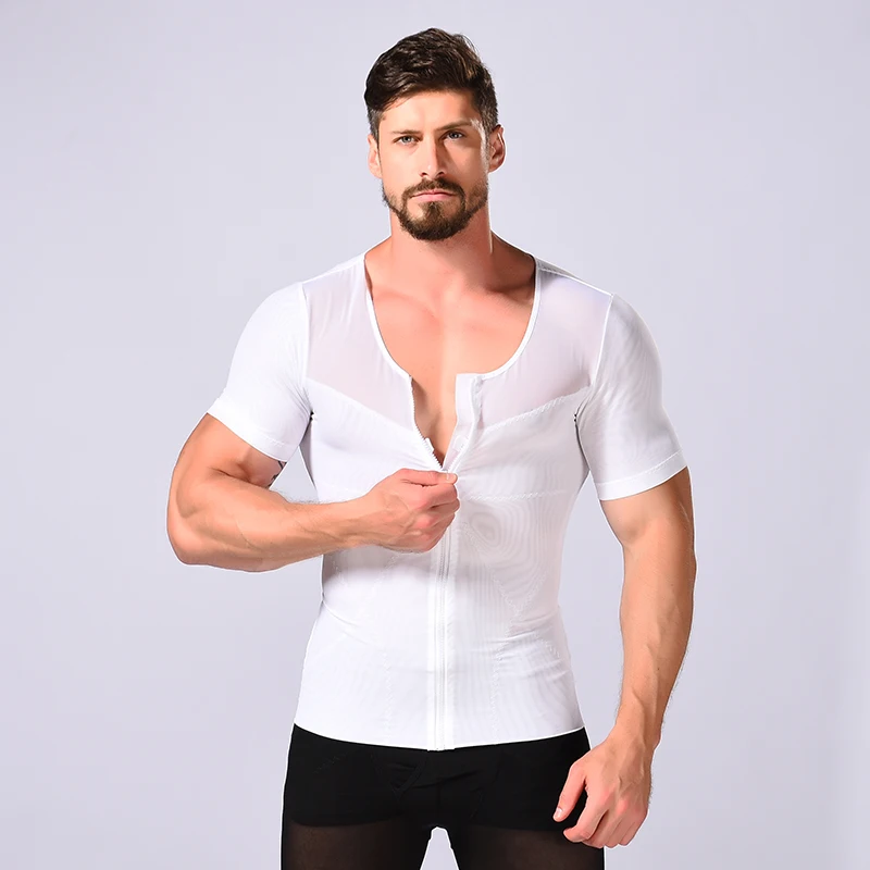 
men zipper stretch mesh body shaping short sleeve shirt man shapewear body slimming man shapers 