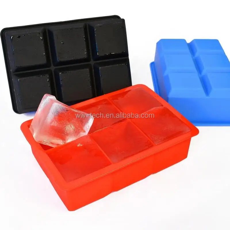 

Hot selling 6 Large size Square Silicone Ice Maker Mold, Pms colors available