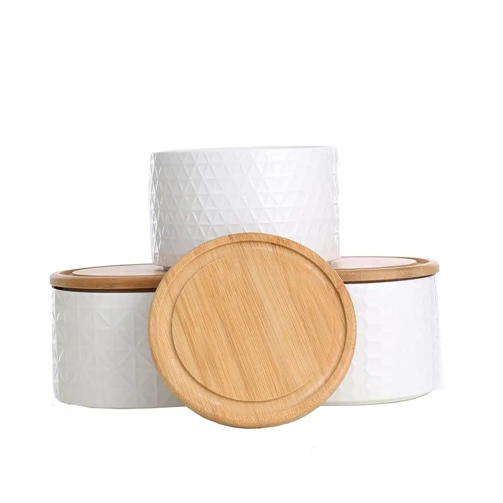 Wholesale White Ceramic Containers With Bamboo Lid,Round Shape Ceramic