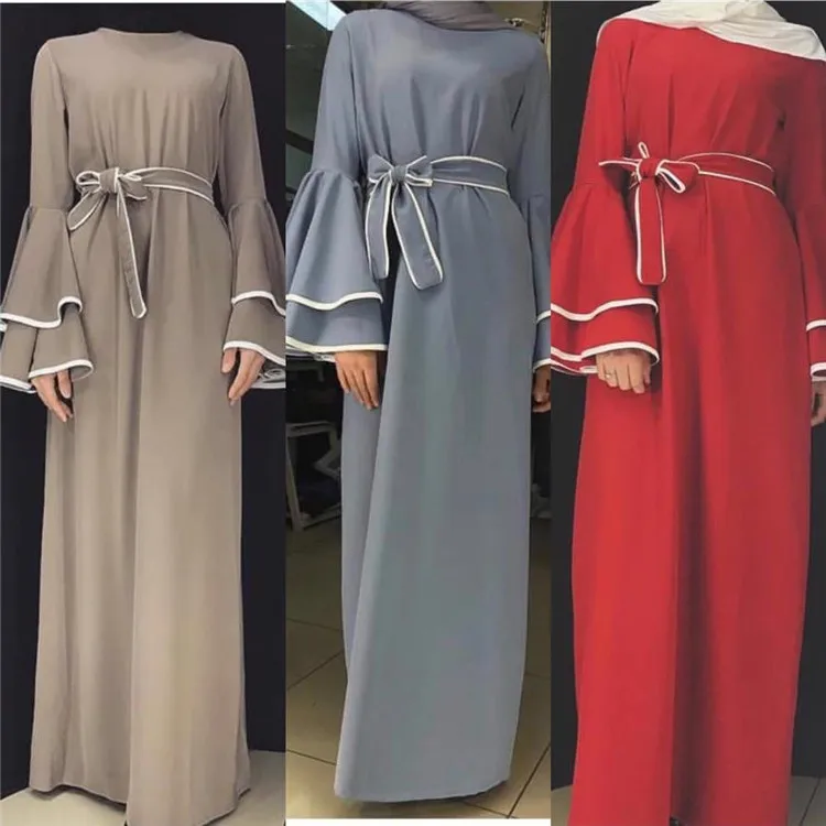 

2019 malaysia fashion double trumpet sleeve of crep maxi long abaya designs dubai, Black,gray,red