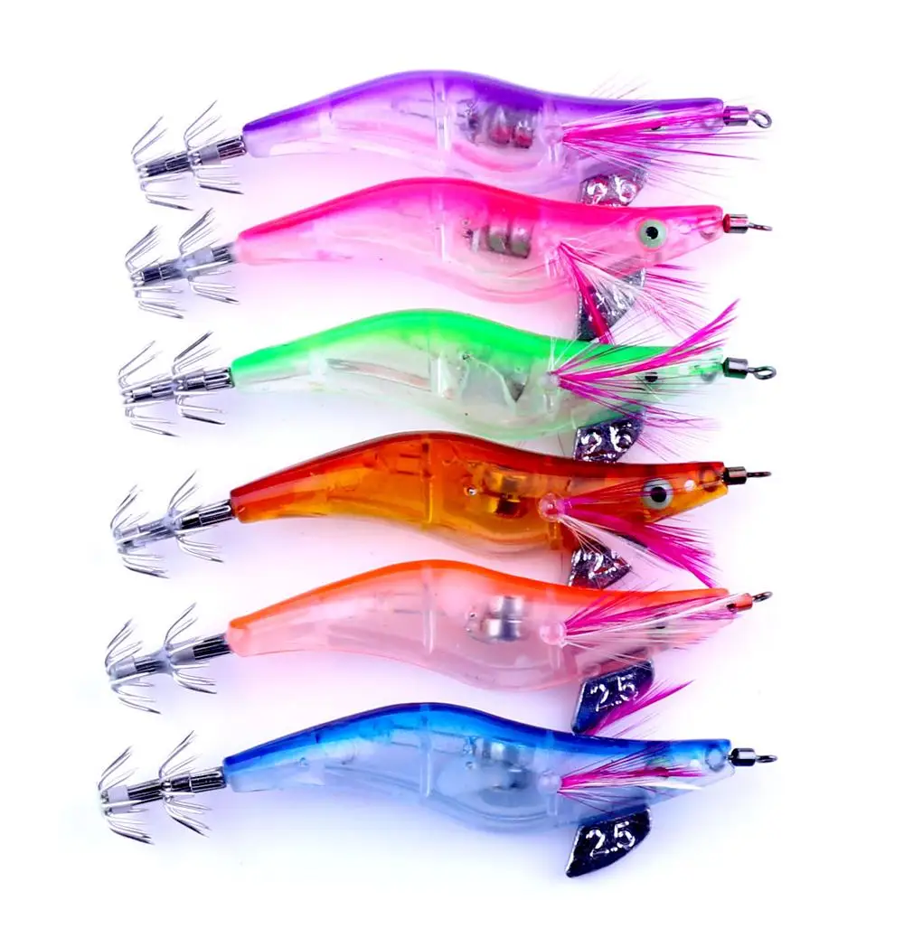 

6 colors 2.5# 4 inch 10cm 12.5g LED Electronic Luminous Squid Jig Night Fishing Wood Shrimp Lure Squid Light Jigs Lures, N/a