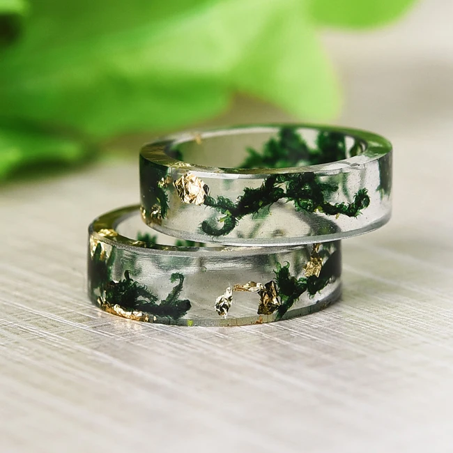 Dry Aquatic Plant Resin Ring Real Diy Handmade Green Color Flowers Rings Bride Wedding Jewelry
