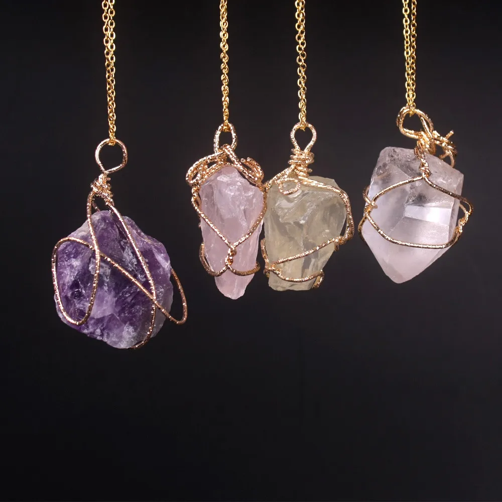 New Classic Handmade Twining Irregular Natural Stone Pendant Amethyst ...