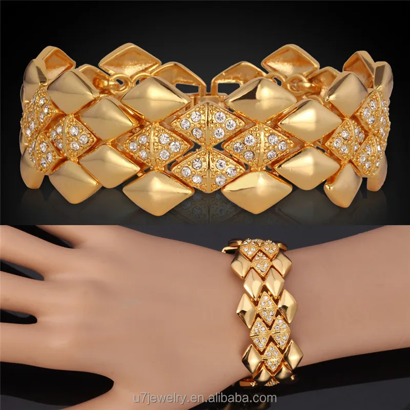 

U7 Wide Bracelet Platinum/18K Real Gold Plated Rhinestone Jewelry Trendy Geometric  25 MM Link Chain Bracelet Wholesale, Gold/platinum plated